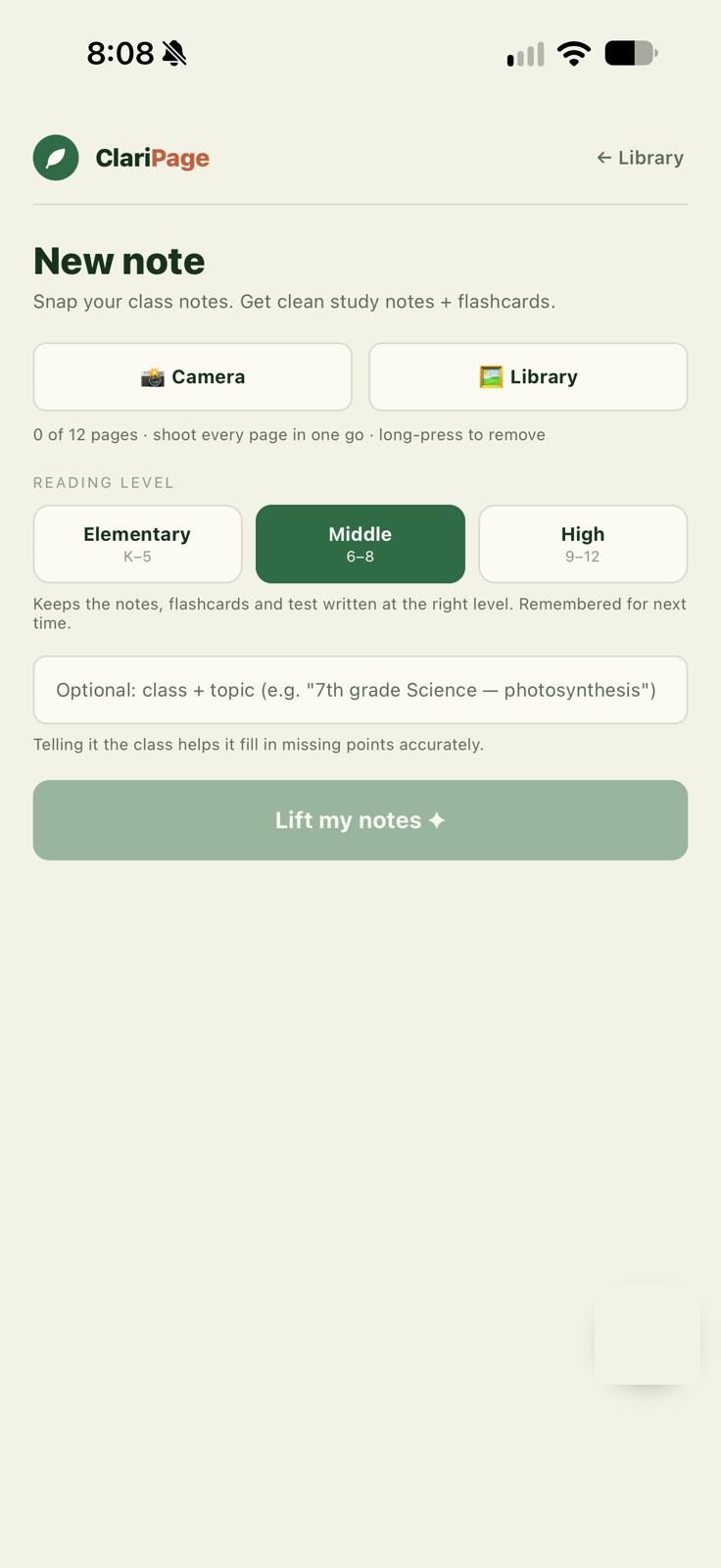 The new note screen, with reading level set to Middle school.