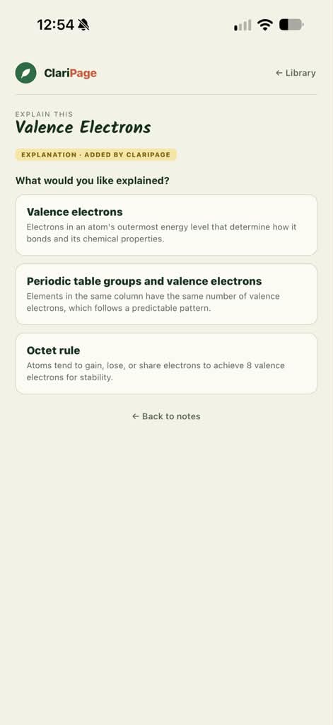 A list of the ideas in a section, asking which one to explain.