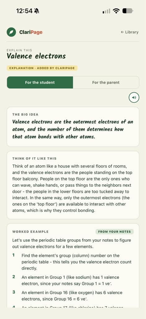 An explanation of valence electrons for the student: the big idea, an everyday comparison, and a worked example from the student's notes.