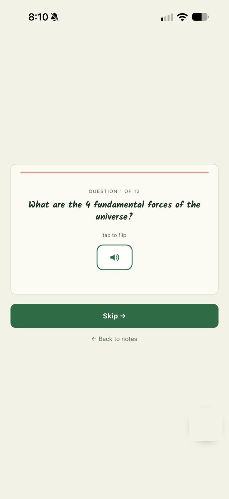 A flashcard asking about the four fundamental forces, with a read-aloud button.