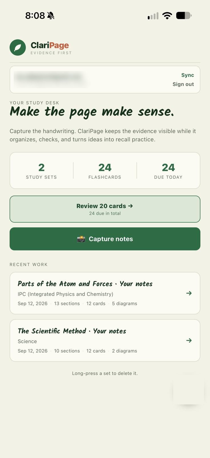 The ClariPage study desk, showing study sets, flashcard counts, and a review queue.