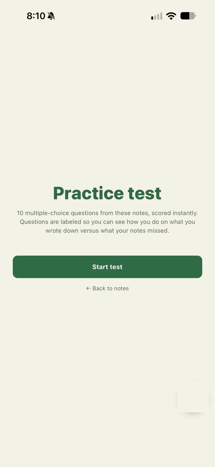 The practice test intro screen, describing scores split by what was written versus what was missed.